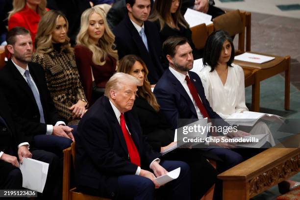 President Donald Trump, first lady Melania Trump, U.S. Vice President J.D. Vance and second lady Usha Vance attend the National Prayer Service at...