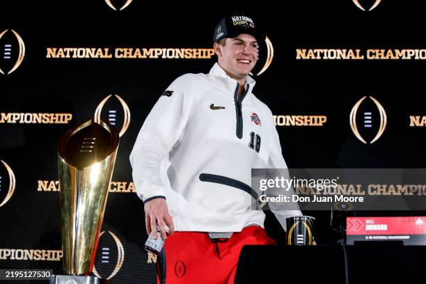 Quarterback Will Howard of the Ohio State Buckeyes address the media during the 2025 CFP National Champions Press Conference at the Westin Peachtree...