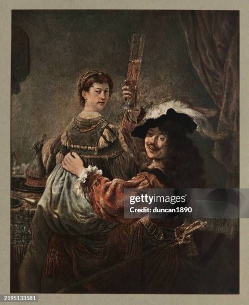 ilustraciones, imágenes clip art, dibujos animados e iconos de stock de rembrandt, autorretrato con saskia, la pintura también se conoce como el hijo pródigo en el burdel o el hijo pródigo en la taberna, arte del siglo xvii - rembrandt