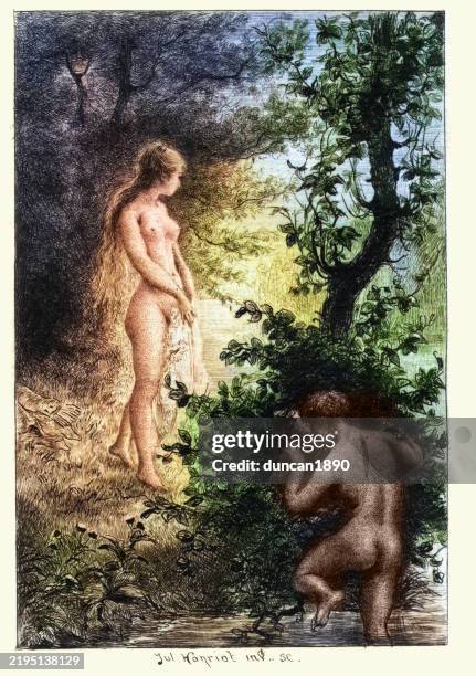 young couple bath in the nude, french, 19th century - skinny dipping stock illustrations