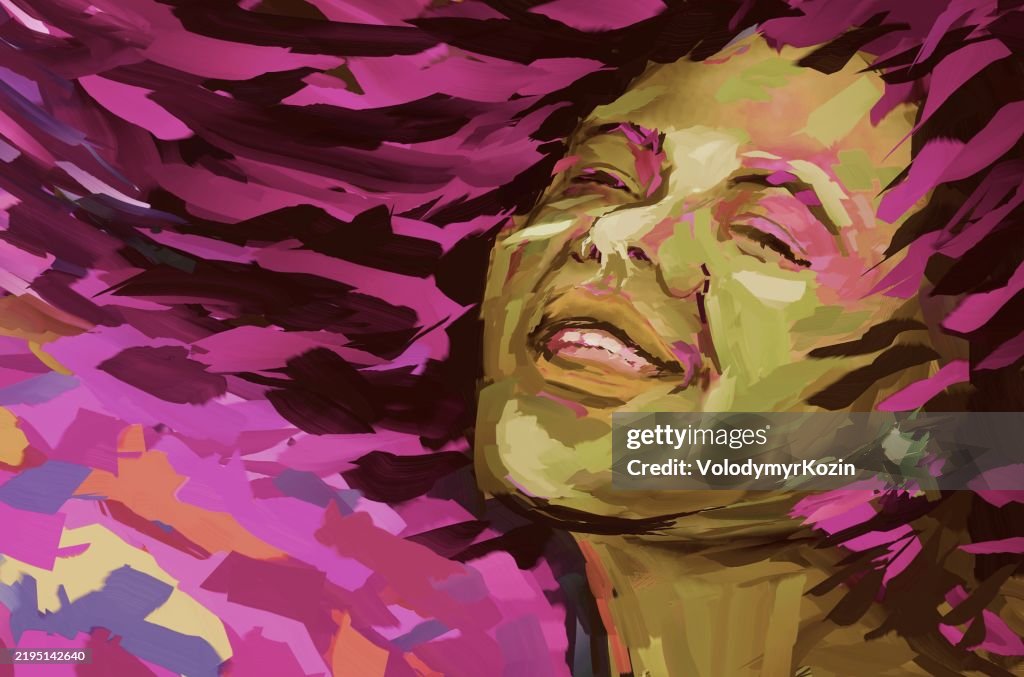 Portrait of a young woman laughing. The illustration is a close-up