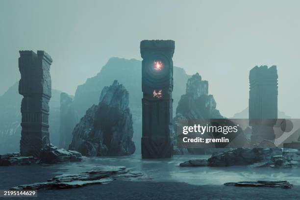 ancient megaliths on frozen exo planet - the impossible stock pictures, royalty-free photos & images