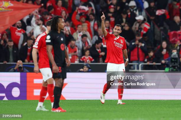 Vangelis Pavlidis of S.L Benfica celebrates scoring his team's second goal during the UEFA Champions League 2024/25 League Phase MD7 match between SL...