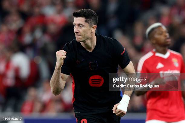 Robert Lewandowski of FC Barcelona celebrates scoring his team's first goal during the UEFA Champions League 2024/25 League Phase MD7 match between...