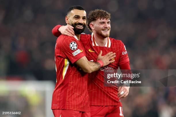 Harvey Elliott of Liverpool celebrates with teammate Mohamed Salah after scoring his team's second goal during the UEFA Champions League 2024/25...