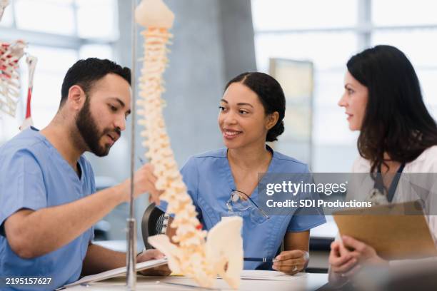 medical students studying anatomy together in a classroom - human skeleton stock pictures, royalty-free photos & images