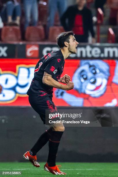 Unai Bilbao of Tijuana celebrates after scoring the team's first goal during the 3rd round match between Tijuana and Queretaro as part of the Torneo...