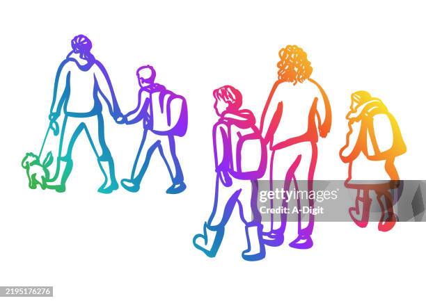 gettinghomefromschoolrainbow - red backpack stock illustrations