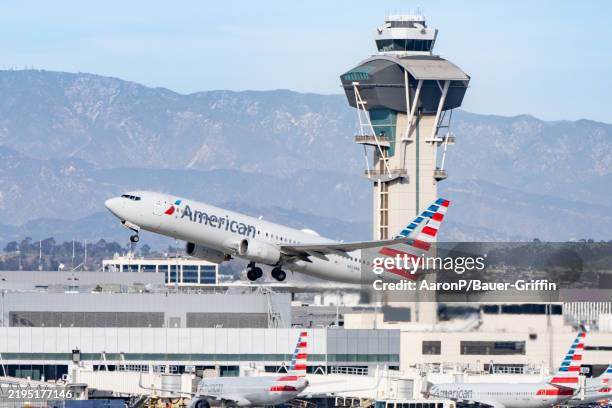 American Airlines Boeing 737-823 takes off from Los Angeles International Airport on January 24, 2025 in Los Angeles, California.