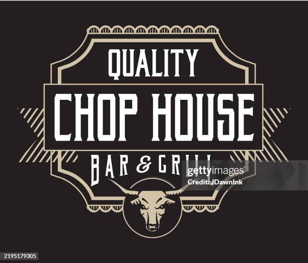 chop steak house bar and grill label design with steer head - vintage restaurant logo stock illustrations