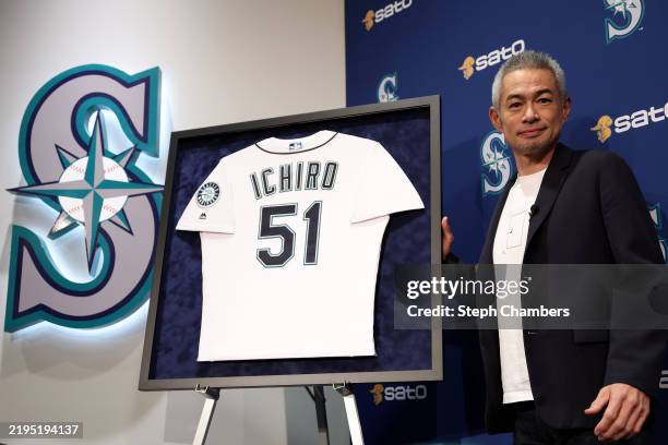Former Seattle Mariners player Ichiro Suzuki reacts as he is elected into the National Baseball Hall of Fame, after receiving the results of the 2025...