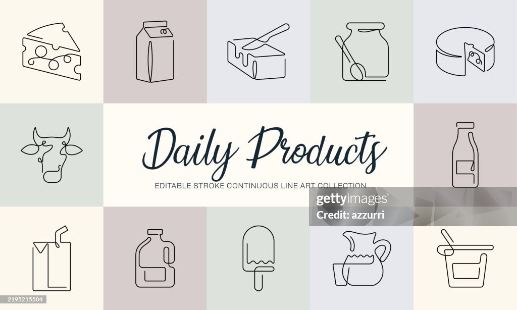 Dairy Product Continuous Line Art Icons