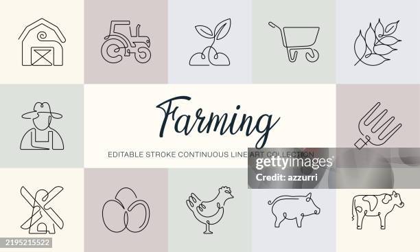 farmen kontinuierliche strichzeichnungen icons - schubkarre stock-grafiken, -clipart, -cartoons und -symbole