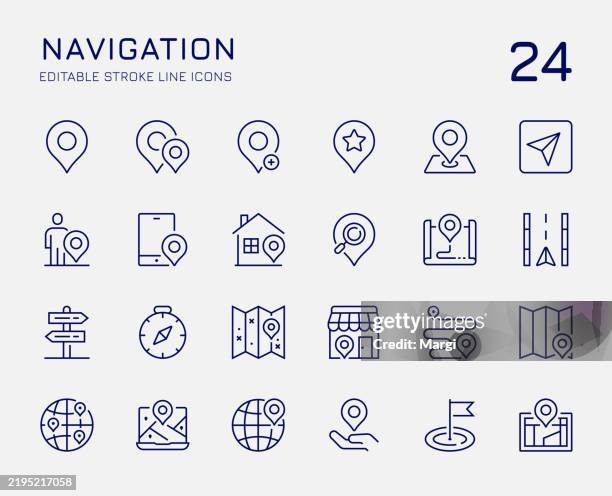 ilustraciones, imágenes clip art, dibujos animados e iconos de stock de navegación de iconos de línea - icono de pin de mapa