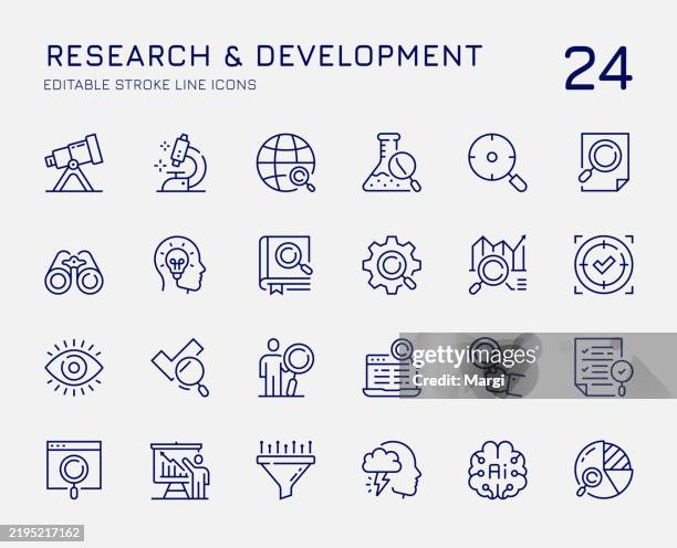 ikonen der forschungs- und entwicklungslinie - forschung stock-grafiken, -clipart, -cartoons und -symbole