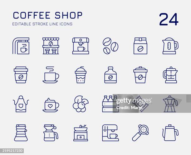 ilustraciones, imágenes clip art, dibujos animados e iconos de stock de iconos de la línea de la cafetería - café edificio de hostelería