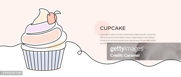 cupcake web banner with continuous line icon - bakery items stock illustrations