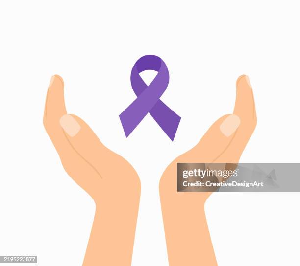 ilustraciones, imágenes clip art, dibujos animados e iconos de stock de manos con cinta morada de conciencia. día mundial contra el cáncer, linfoma de hodgkin y conceptos de concienciación sobre la epilepsia - epilepsia