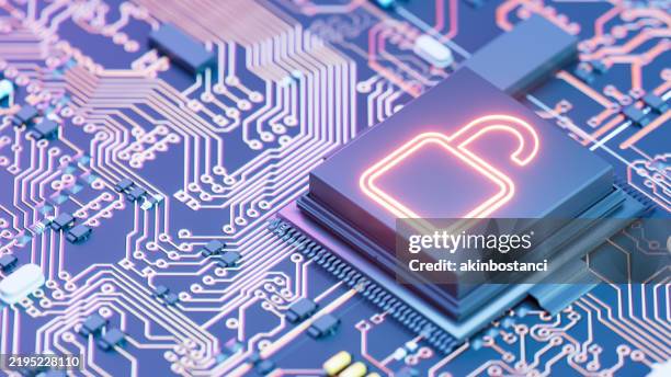 data breach, cyber security concept, digital data security with open padlock on chip of motherboard - seguridad de redes fotografías e imágenes de stock
