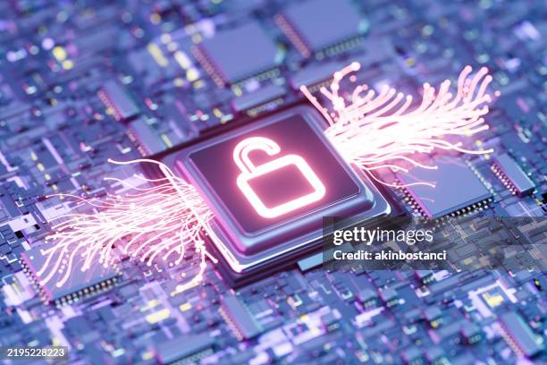 data breach, cyber security concept, digital data security with open padlock on chip of motherboard - data breach stock pictures, royalty-free photos & images
