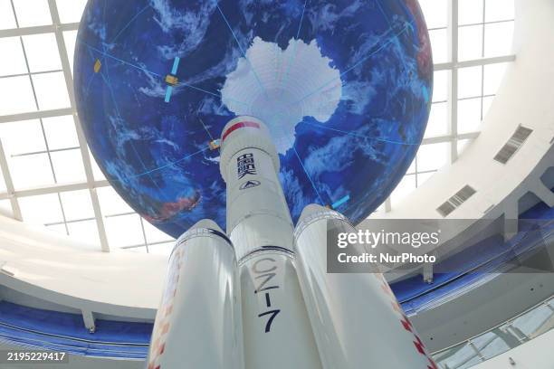 Model of the Long March 7 carrier rocket is seen at Dongfang Spaceport in Haiyang, China, on January 13, 2025.