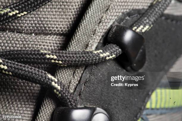 shoelace and eyelet close up - nylon imagens e fotografias de stock