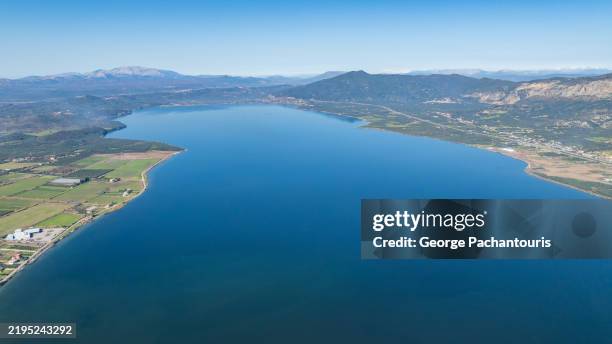aerial view of mountain lake landscape - western greece stock pictures, royalty-free photos & images