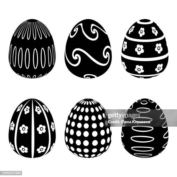 black and white easter eggs with ornamental decorative pattern isolated on white background. creative stylish festive easter set in flat retro style. - selective colour stock illustrations
