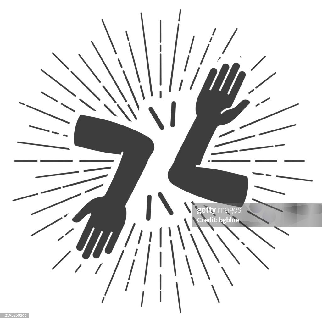 Elbow bump - Novel greeting. Icon with sunbursts on white background