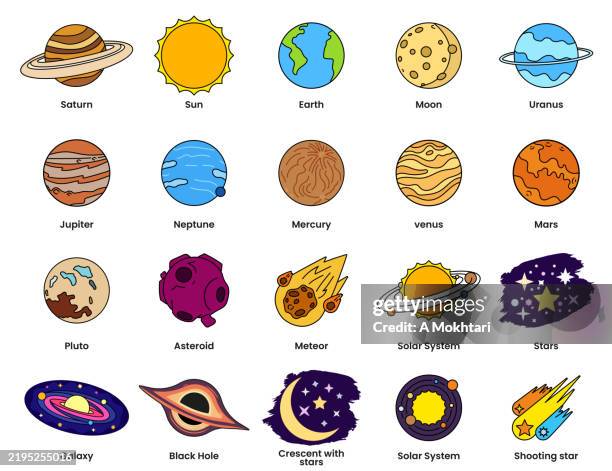 colored illustrations of the solar system and celestial objects. - neptune rings stock illustrations