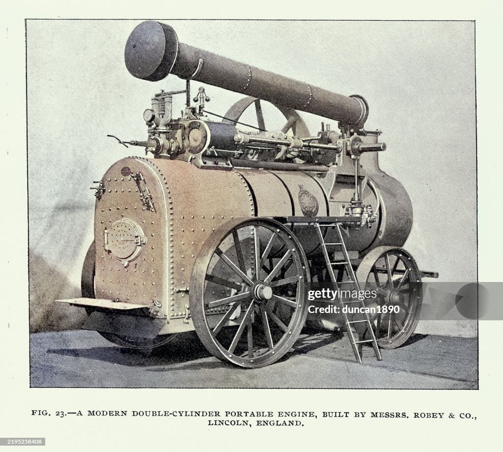 Historia de la máquina de vapor, Revolución industrial, Motor de tracción de doble cilindro, Victoriano, Siglo XIX, Ilustración vintage, Robey & Co