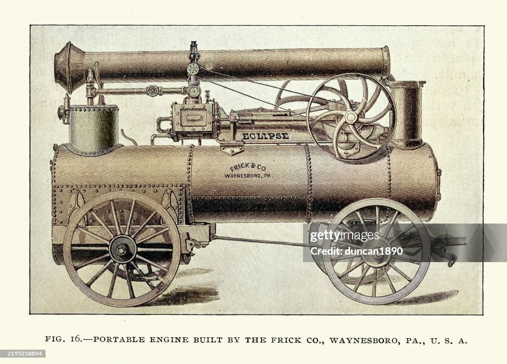 Historia de la máquina de vapor, Revolución industrial, Motor de tracción, Victoriano, Siglo XIX, Ilustración vintage, Frick Co. Waynesboro, PA, EE. UU.