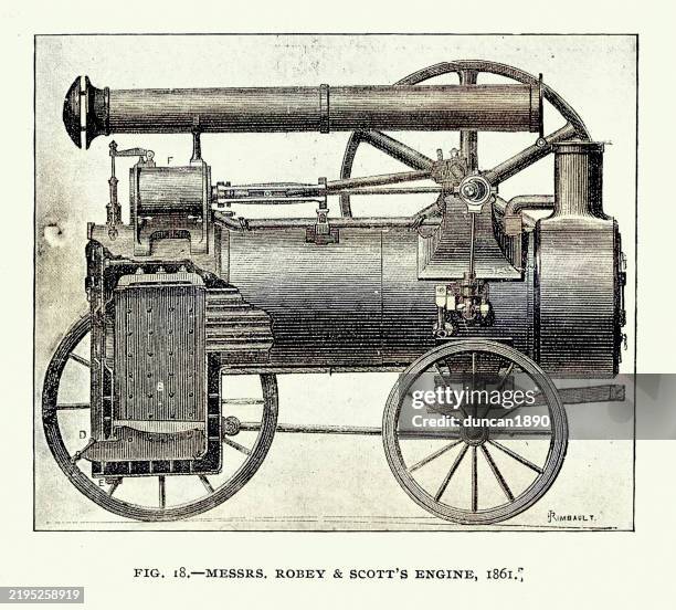 ilustraciones, imágenes clip art, dibujos animados e iconos de stock de historia de la máquina de vapor, revolución industrial, máquina de tracción, victoriano, siglo xix, ilustración vintage, robey & scott's 1861 - tren de vapor