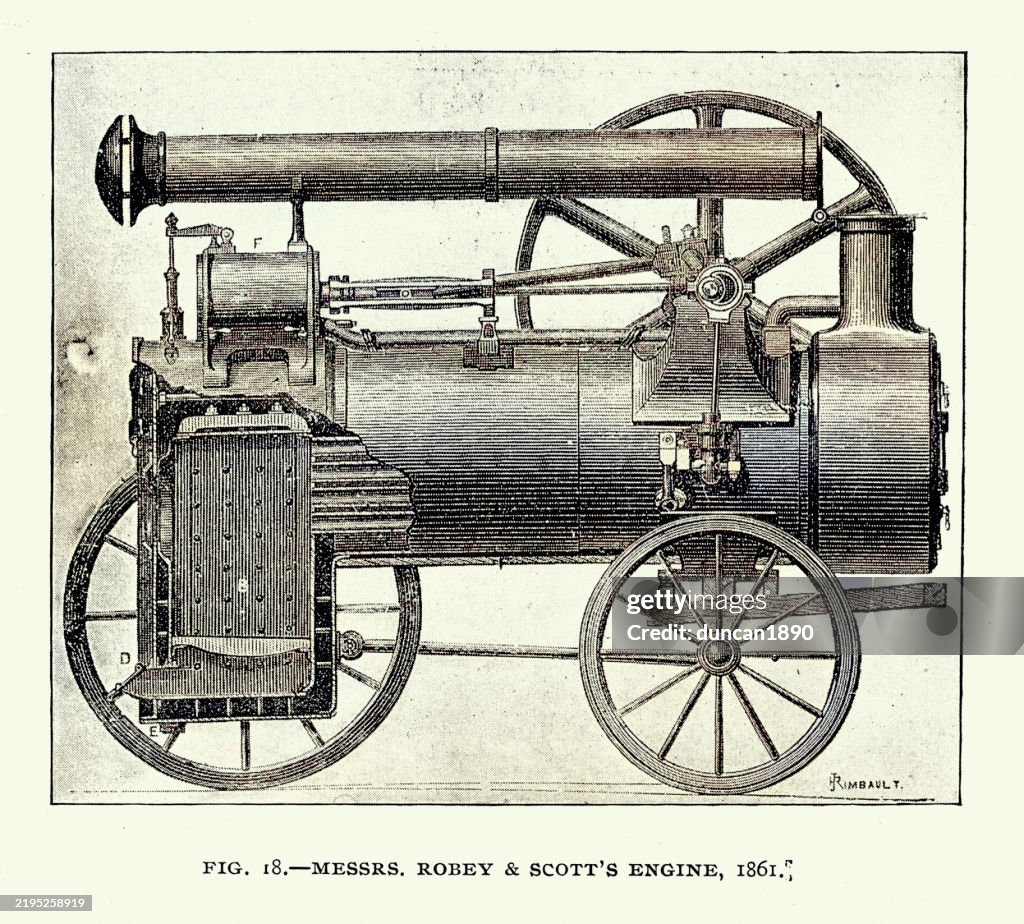 History of Steam engine, Industrial Revolution, Traction engine, Victorian, 19th Century, Vintage illustration, Robey & Scott's 1861