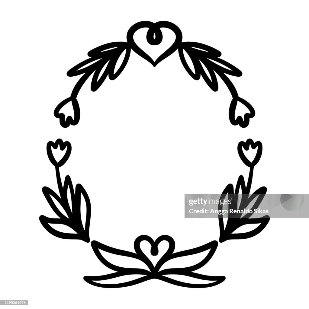 Hearts, plant and flowers laurel wreath border frame black and white drawing