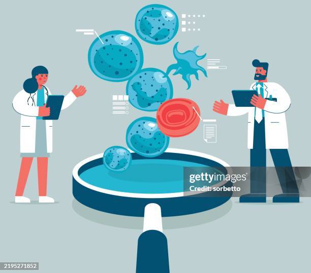 blood cells - magnifying glass - blood cells microscope stock illustrations