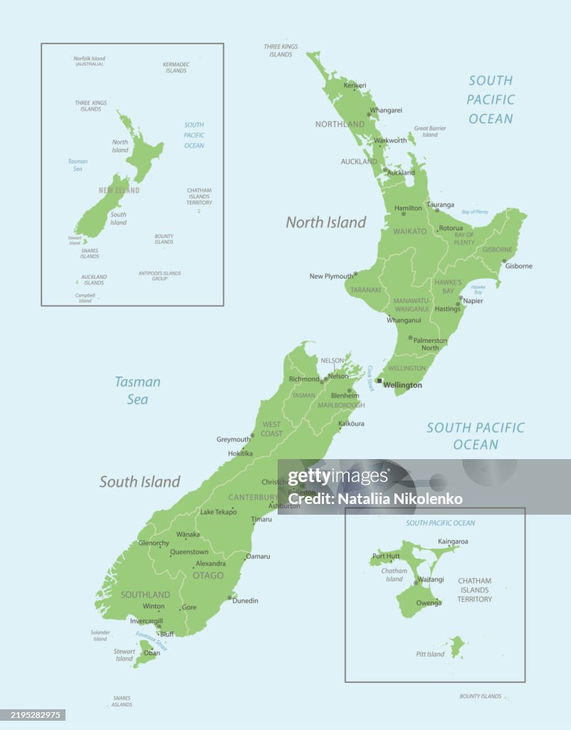 New Zealand detailed map with regions and cities of the country.