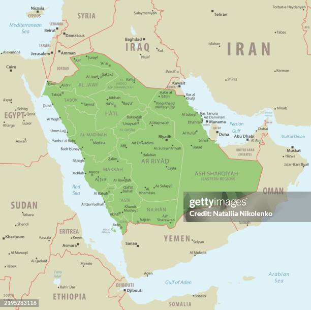 saudi arabia detailed map with regions and cities of the country. - dammam stock illustrations