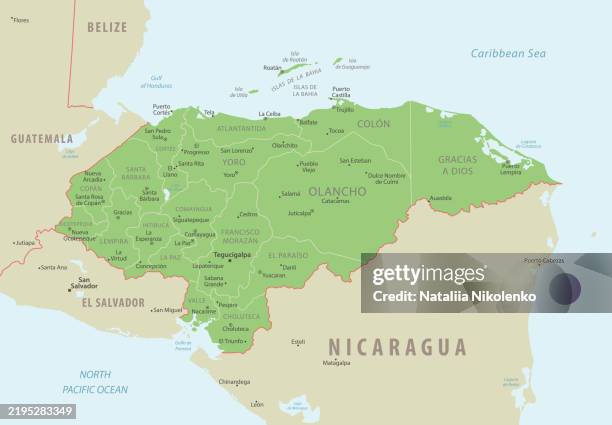 ilustraciones, imágenes clip art, dibujos animados e iconos de stock de mapa detallado de honduras con regiones y ciudades del país. - honduras