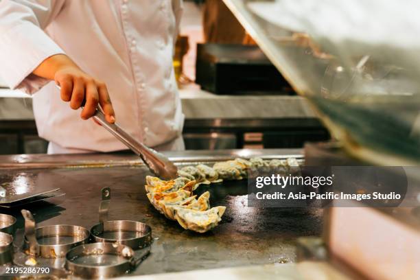 asian dumplings at restaurant. close-up hand fried dumplings. - fried stock pictures, royalty-free photos & images
