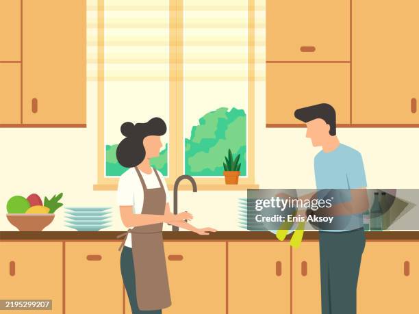 daily chores in a cozy kitchen - couple making dinner stock illustrations