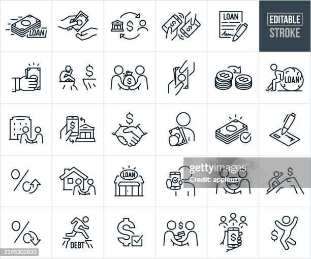 money lending and loans thin line icons - editable stroke - icons include people taking out loans, borrowing money, money being given, bank, loan officer, loan application, cash, hard money loan, interest rate, mortgage loan, home loan, business loan, car - handing over credit card stock illustrations