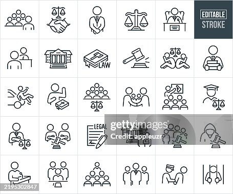 Law Thin Line Icons - Editable Stroke - Icons Include Lawyer, Attorney, Jury, Trial, Courtroom, Courthouse, Defendant, Prosecution, Prosecutor, Judge, Scales of Justice, Gavel, Divorce, Child Custody, Adoption, Legal Trial, Conviction, Guilty, Criminal, E Law Thin Line Icons - Editable Stroke - Icons Include Lawyer, Attorney, Jury, Trial, Courtroom, Courthouse, Defendant, Prosecution, Prosecutor, Judge, Scales of Justice, Gavel, Divorce, Child Custody, Adoption, Legal Trial, Conviction, Guilty, Criminal, E