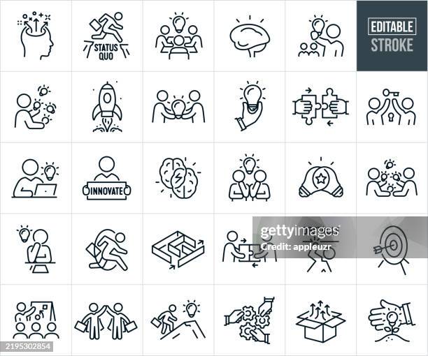 innovation thin line icons - editable stroke - icons include business people being creative, creativity, inventive, imagination, inspiration, concept, vision, light bulb, leadership, brainstorming, teamwork, synergy, business strategy - business superhero stock illustrations