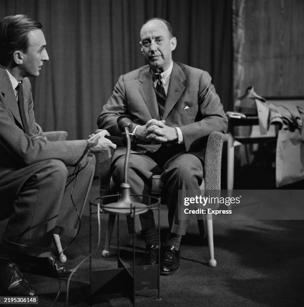 Politician and lawyer Adlai Stevenson II seated during an interview, London, May 22nd 1957.