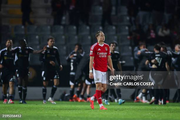Benfica's Norwegian forward Andreas Schjelderup reacts to their defeat at the end of the Portuguese League football match between Casa Pia AC and SL...