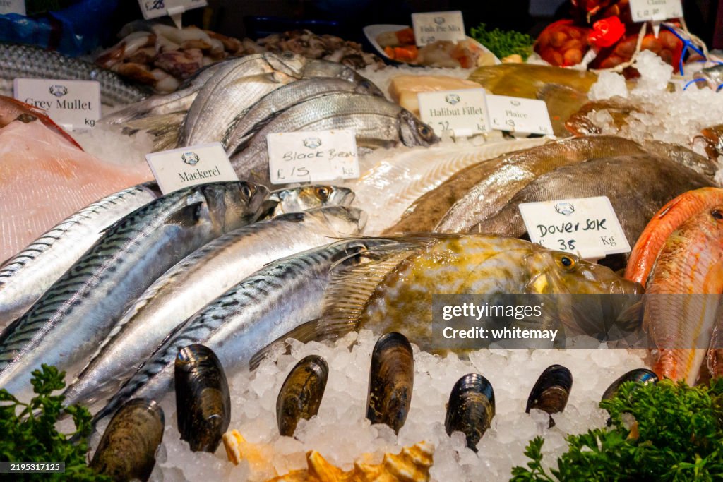 Fish on a fishmonger's stall in Borough Market, London