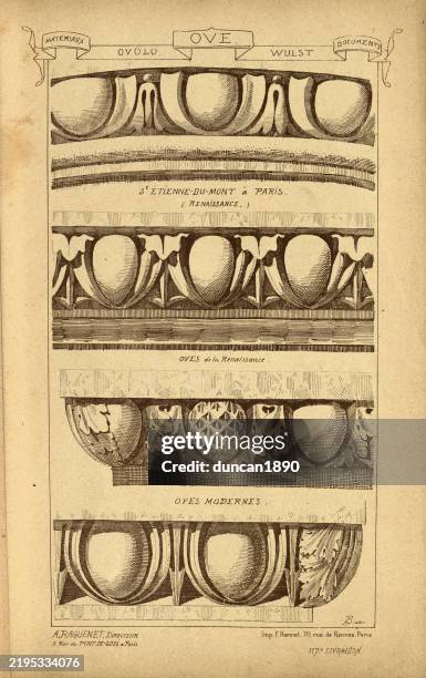 vintage illustration architectural ovolo a rounded convex moulding, history of architecture, decoration and design, art, french, victorian, 19th century - neo classical stock illustrations