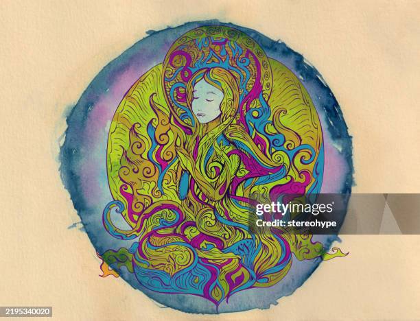 lunar lady buddha - moon eclipse stock illustrations