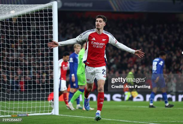 Kai Havertz of Arsenal celebrates scoring his team's second goal during the UEFA Champions League 2024/25 League Phase MD7 match between Arsenal FC...